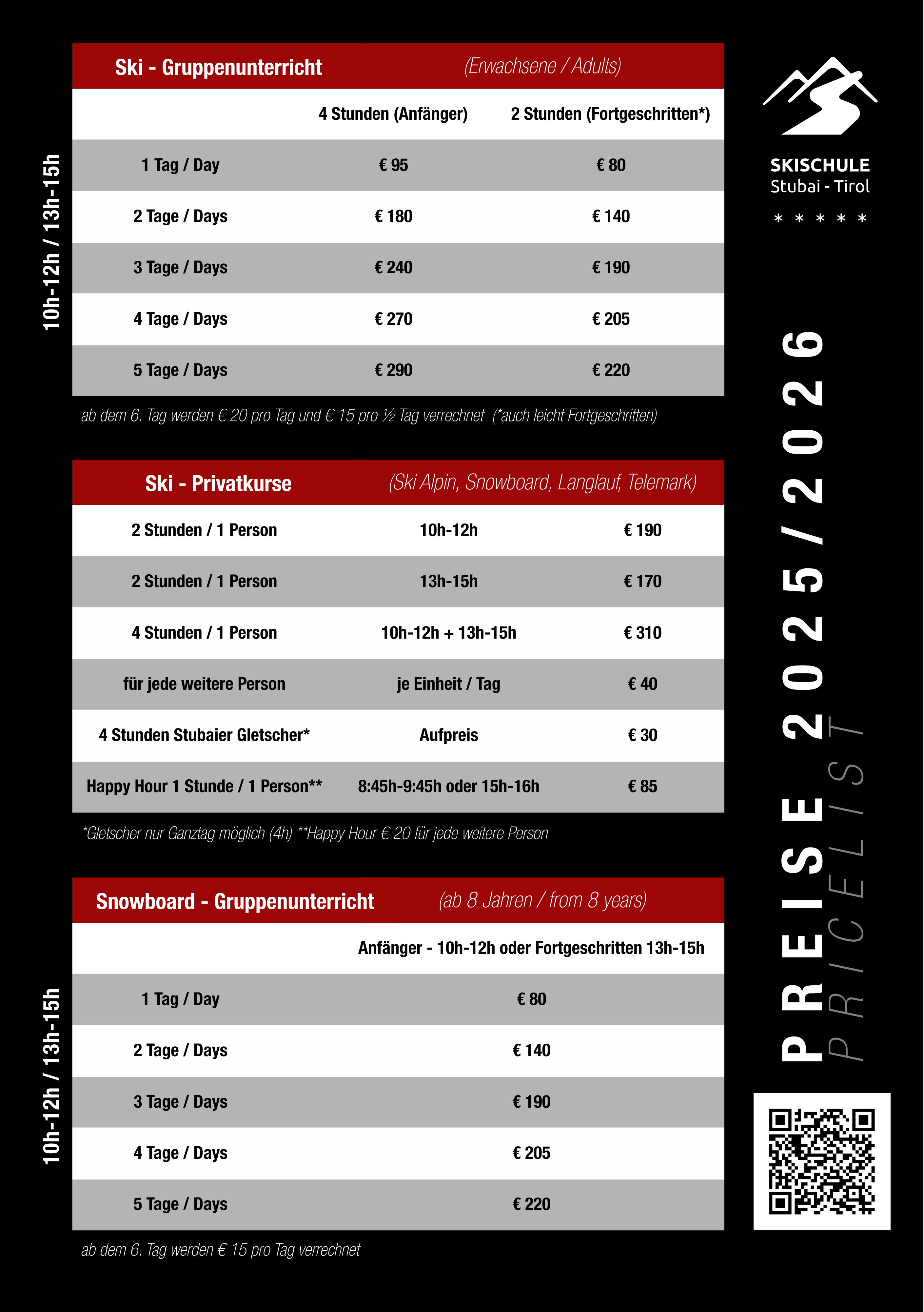 Preisliste Skischule Stubai Erwachsene